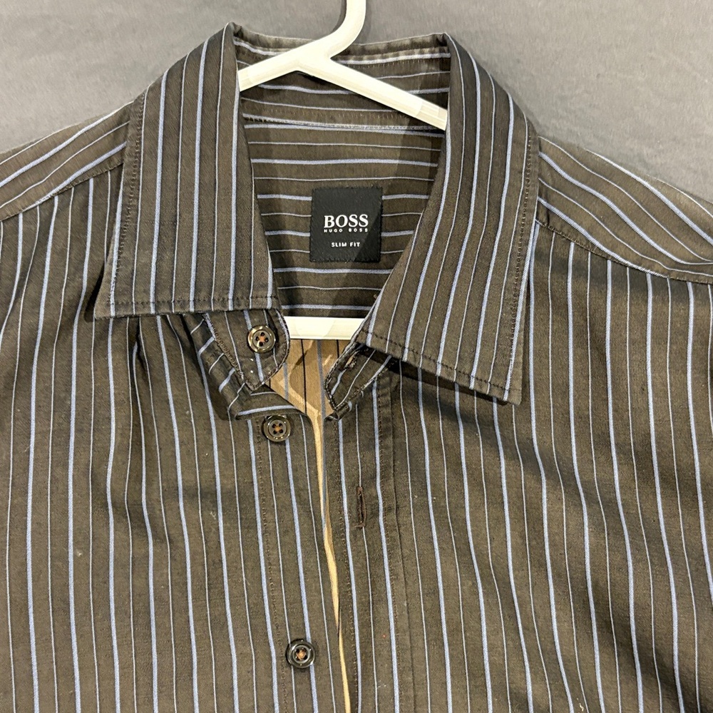 Boss Men's Dark Brown Pinstripe Shirt